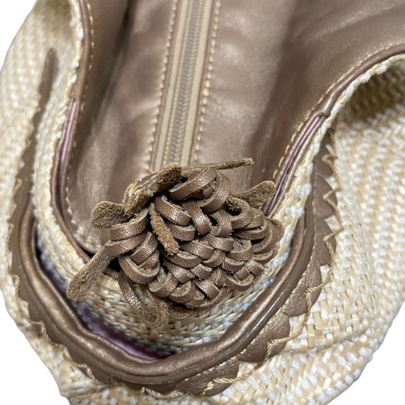 Cole Haan Sarah Bronze Straw Satchel Bag Boho Chic Beach Purse Woven Tote - Picture 6 of 10